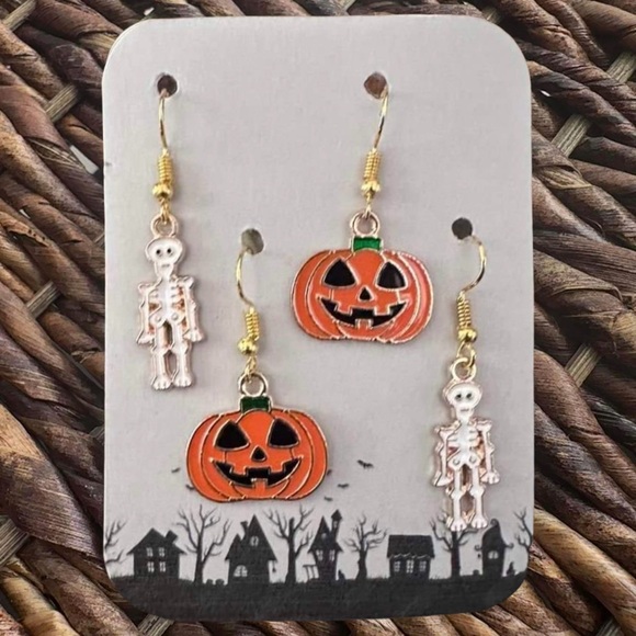 Two (2) Pairs of New Mix-and-Match Jack-O-Lantern and Skeleton Dangle Earrings - Picture 1 of 5